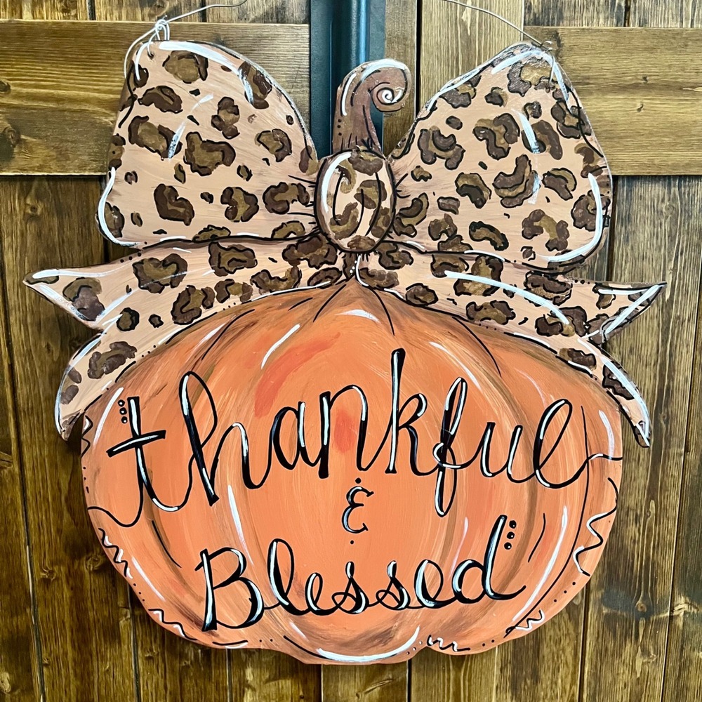 Thankful & Blessed Wooden Pumpkin Door Hanger Leopard Print Bow Fall Decor 18x19